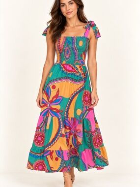 Sunday Up Colorful Print Smocked Tie Strap Tiered Maxi Dress